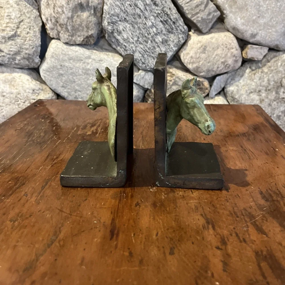 Antique Vtg Rare Horse Head Bookends, Heavy Metal, Nice Green Patina, 4x5x3
